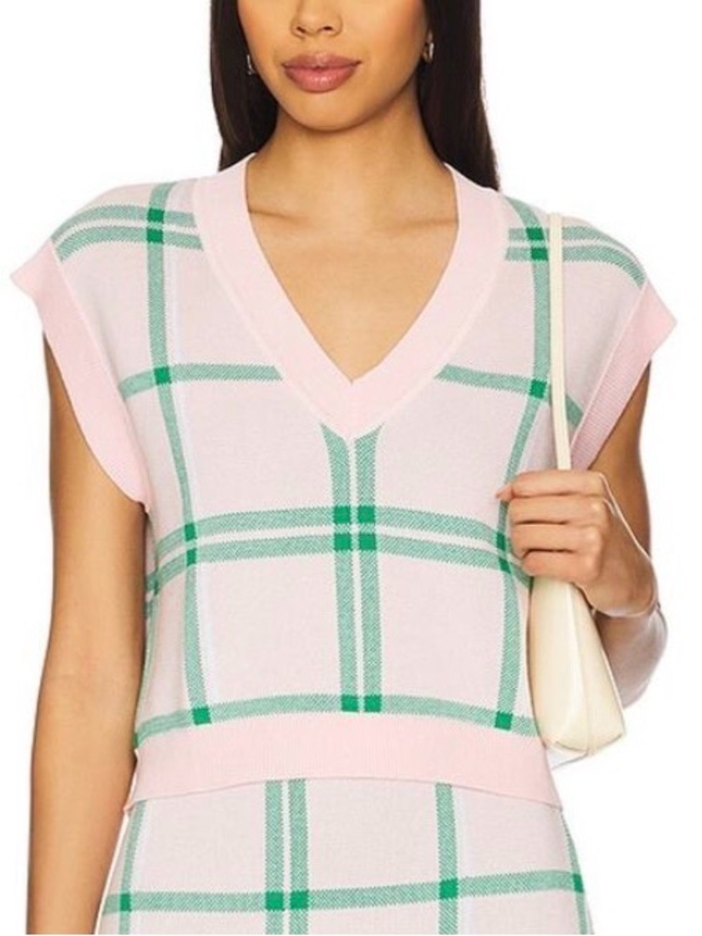 Favorite Daughter Veronica Vest M Wisteria Plaid Pink Green Knit Sweater Preppy
